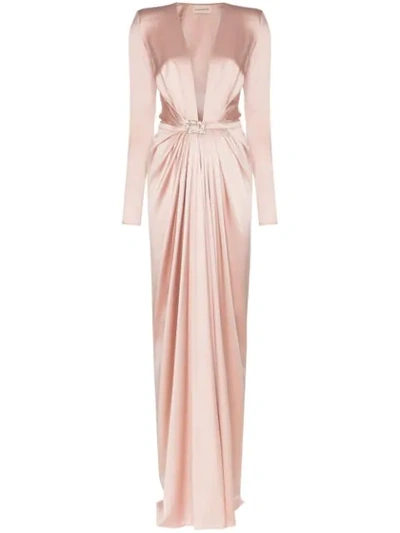 Alexandre Vauthier Ruched V-neck Belted Gown In Pink