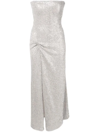 Oscar De La Renta Strapless Gown With Front Slit In Silver
