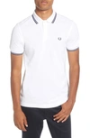 Fred Perry Twin Tipped Extra Slim Fit Pique Polo In White/ Frnvy/ Frnv