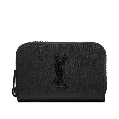 Saint Laurent Ysl Metal Logo Zip Coin Wallet In Black