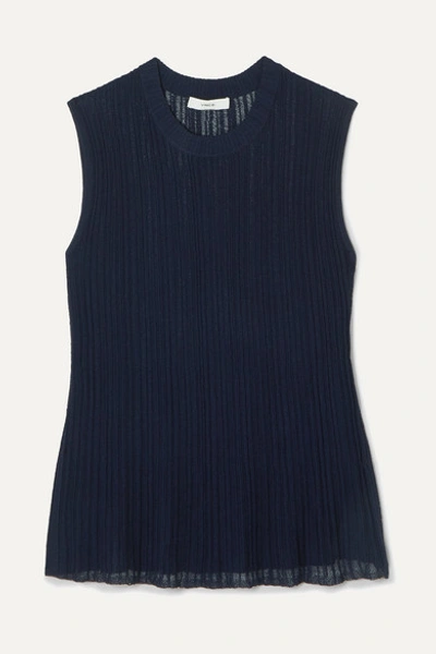 Vince Flounce Ribbed Stretch-knit Top In Navy