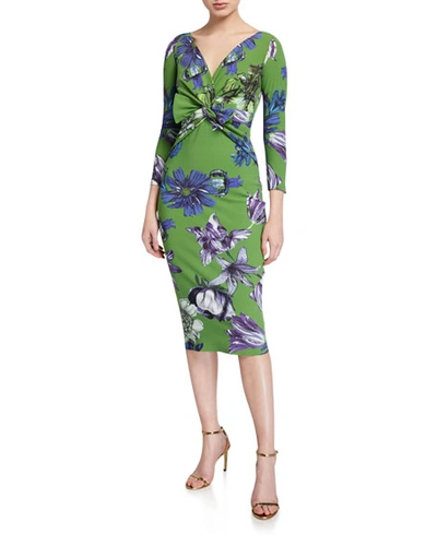 Chiara Boni La Petite Robe Floral V-neck Knot-front 3/4-sleeve Dress In Green Pattern