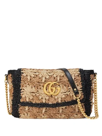 Gucci Gg Marmont Leather-trimmed Raffia Shoulder Bag In Brown