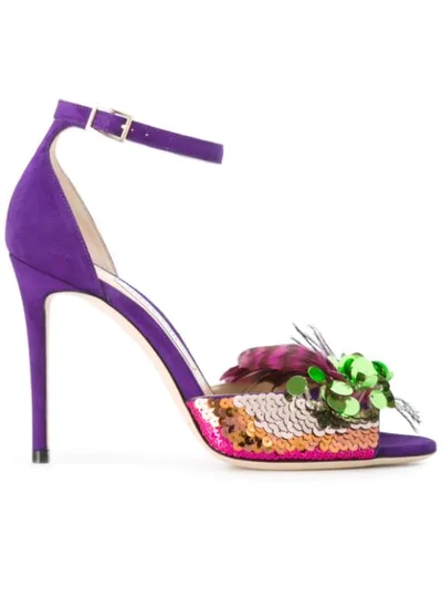 Jimmy Choo Annie 100 Iris Suede And Jazzberry Mix Feather Embroidery Peep Toe Sandals In Iris/jazzberry Mix