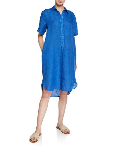 120% Lino Short-sleeve Button-front High-low Linen Shirtdress In Soft Royal Blue