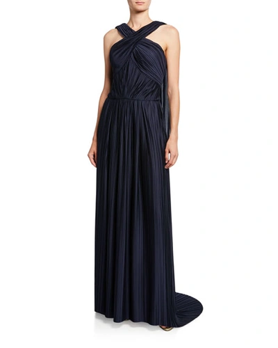 Zac Posen Satin Crossover Halter-neck Gown In Navy