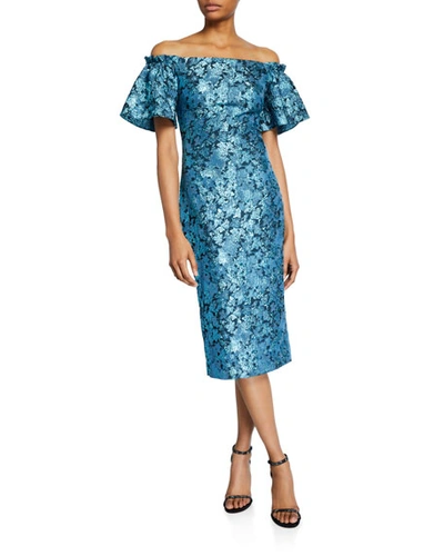 Theia Metallic Tissue Faille Off-shoulder Flare-sleeve Cocktail Dress In Blue