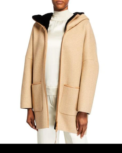 Agnona Cashmere Zip-front Jacket With Fur-lined Hood In Brown/black