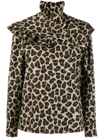 Msgm Leopard-print Ruffle-trim Cotton-poplin Blouse In Neutrals