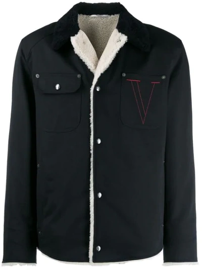 Valentino Logo-embroidered Shearling-lined Cotton Jacket In Navy