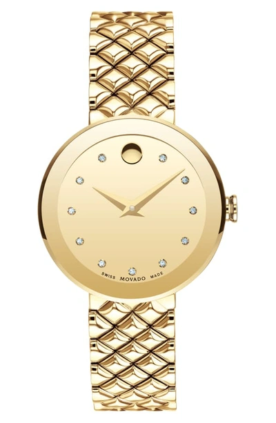 Movado Sapphire Diamond Bracelet Watch, 30mm In Gold/ Silver Mirror/ Gold