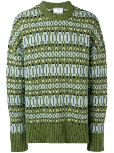 Ami Alexandre Mattiussi Crew Neck Sweater Nordic Jacquard Pattern In Green