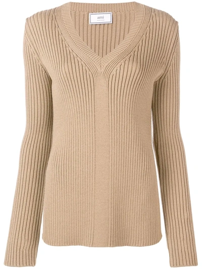 Ami Alexandre Mattiussi Women's V Collar Rib Sweater In Brown