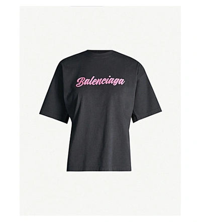 Balenciaga Textured Logo Print Gathered Back T-shirt In Washed Black / Pink