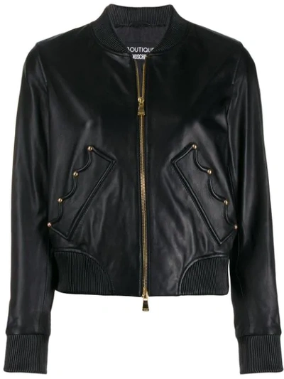 Boutique Moschino Leather Biker With Crown Pockets In Black