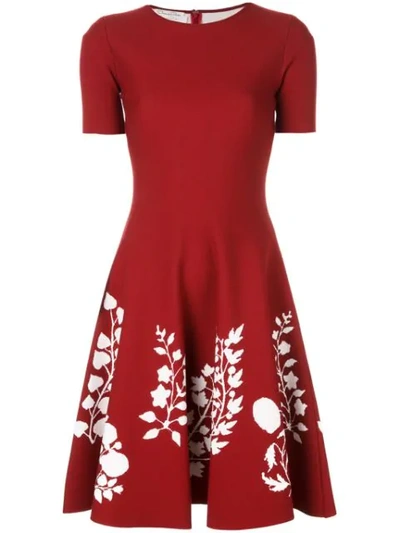 Oscar De La Renta Short-sleeve Floral-embroidered Dress In Claret