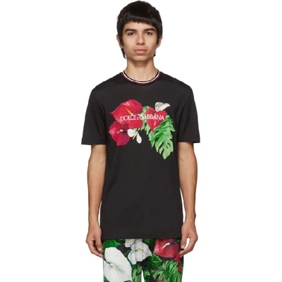 Dolce & Gabbana Cotton T-shirt With Anthurium Print In Black