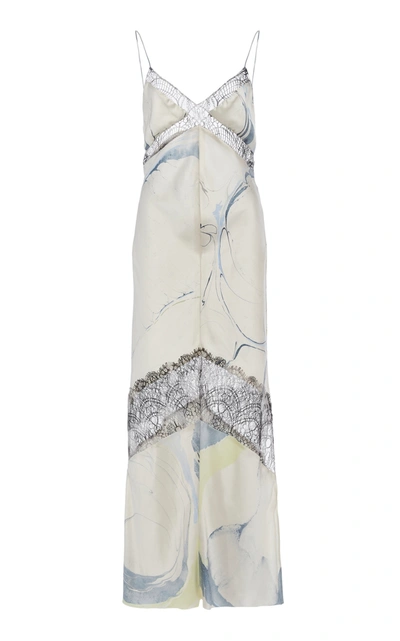 Marina Moscone Lace-trimmed Printed Satin Midi Dress In Multi