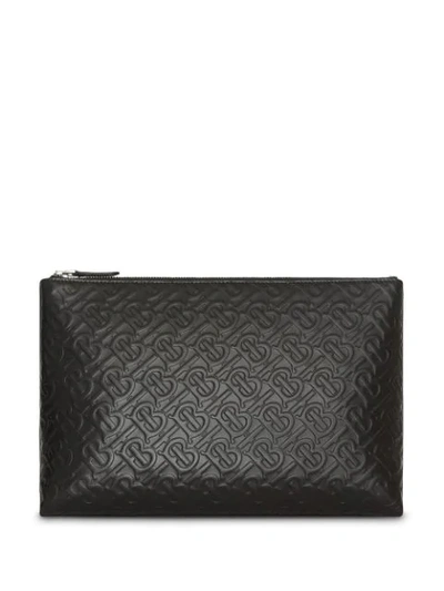 Burberry Monogram Leather Zip Pouch In Black