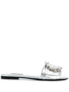 Dolce & Gabbana Crystal-embellished Metallic Leather Slides In Silver