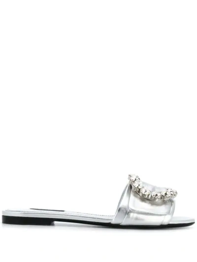 Dolce & Gabbana Crystal-embellished Metallic Leather Slides In Silver