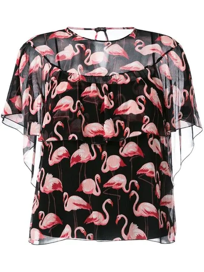 Red Valentino Flamingo-print Silk Ruffle Blouse In Nero