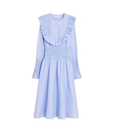 Tory Burch Smocked Cotton Dress In Sky Blue