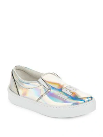 Chiara Ferragni 'i Feel' Detachable Smiley Patch Holographic Leather Slip-ons In Silver