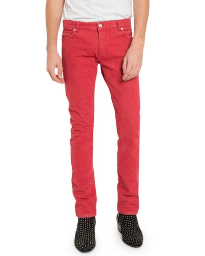 Balmain Men's Straight Jeans With Raw Edges In Red