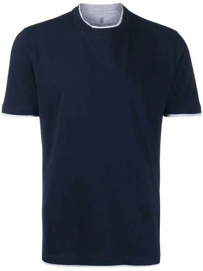 Brunello Cucinelli Men's Two-tone Trim Crewneck T-shirt In Blue