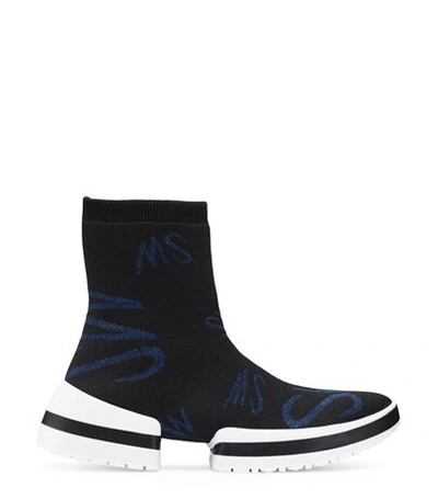 Stuart Weitzman Sw-612 Logo Sock Bootie In Black And Blue Stretch Knit