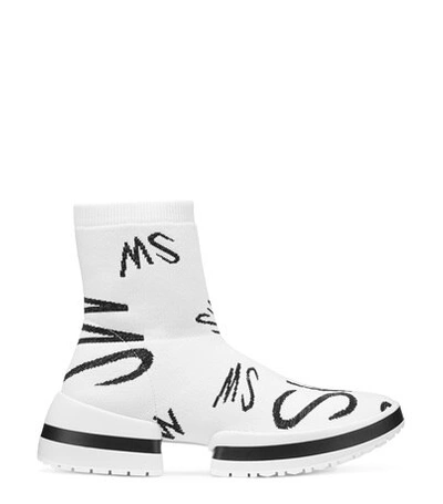 Stuart Weitzman Sw-612 Logo Sock Two-tone Sneakers In White And Black Stretch Knit
