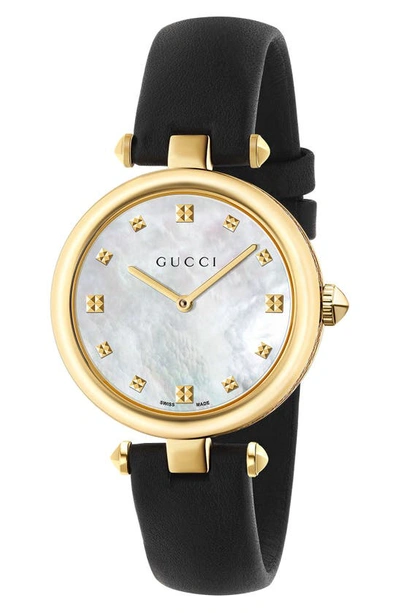 Gucci Women's Swiss Diamantissima Black Leather Strap Watch 32mm Ya141404 In Black / Gold Tone / Mop / Mother Of Pearl / Yellow