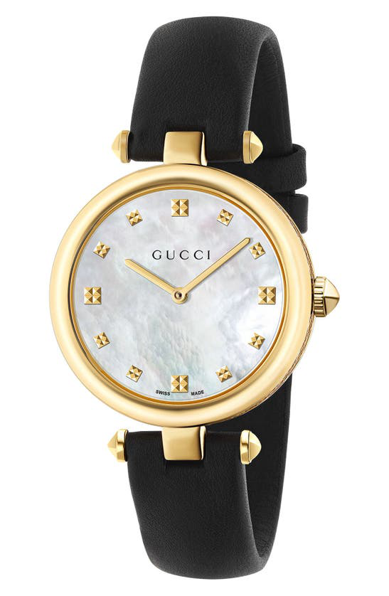 Gucci 32mm Diamantissima Watch W/ Leather Strap, Black/golden In