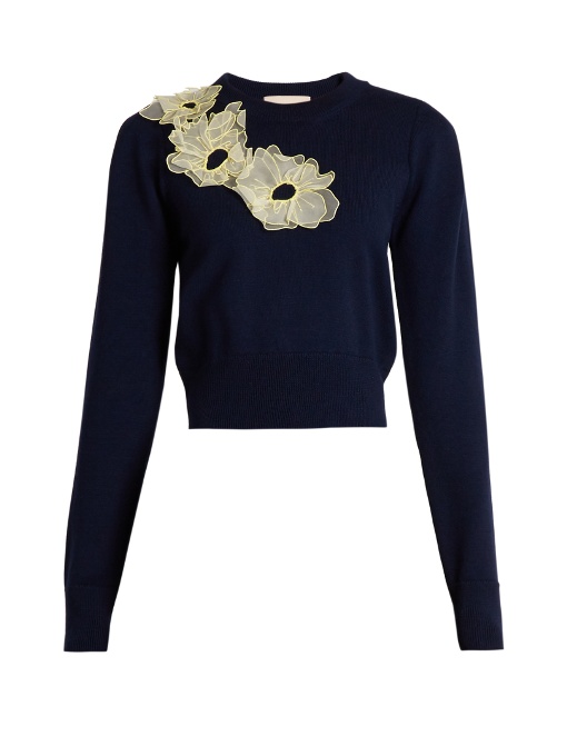 Roksanda Nobuya Floral-appliquÉ Wool-knit Cropped Sweater In Navy ...