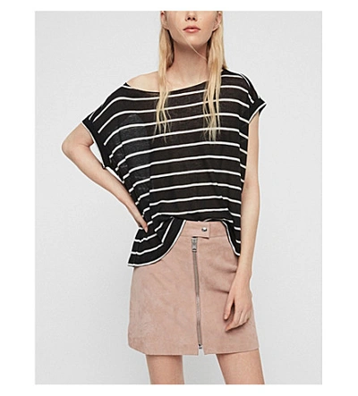 Allsaints Pina Striped Linen And Cotton-blend T-shirt In Black/chalk Wh