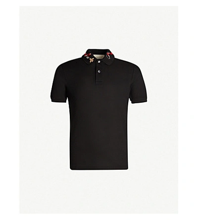 Gucci Snake-embroidered Cotton-piqué Polo Shirt In Black  Red