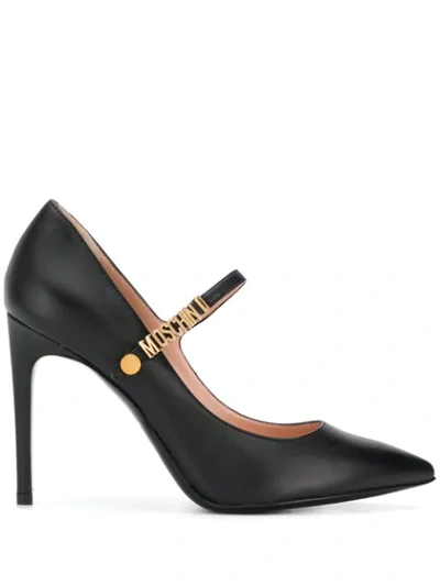 Moschino Gold Logo Leather Pumps In Black