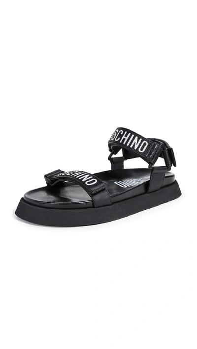 Moschino Leather Sandals With Strap And Logo In Black