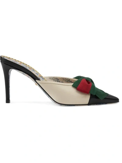 Gucci Women's Sackville Leather Bow Mid-heel Mules In White