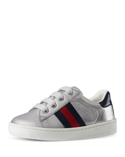 Gucci New Ace Metallic Leather Sneaker, Toddler In Silver
