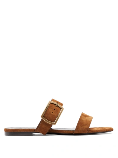 Saint Laurent Oak Buckled Suede Sandals In Caramel