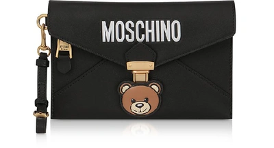 Moschino Teddy Bear Black Leather Clutch W/wristlet