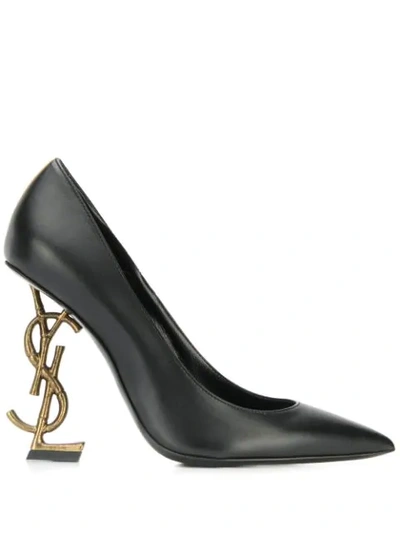 Saint Laurent Opyum Leather Pumps With Logo Heel In Black