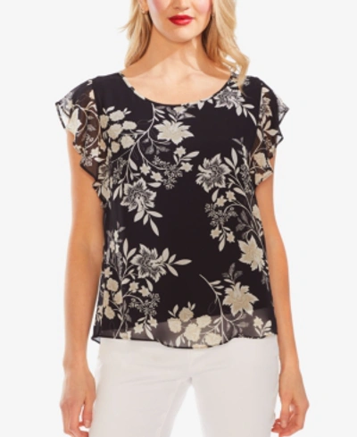 Vince Camuto Floral-printed Flutter-sleeve Top In Rich Black