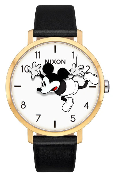 Nixon X Disney Arrow Mickey Leather Strap Watch, 38mm In Black/ White/ Gold