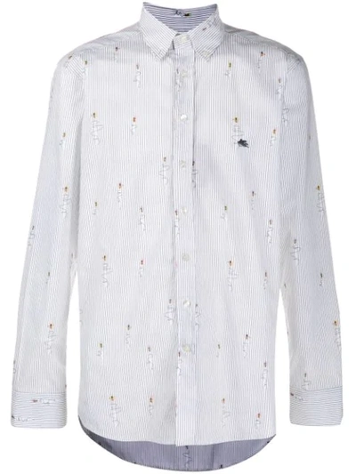Etro Fly Print Striped Cotton Shirt In White