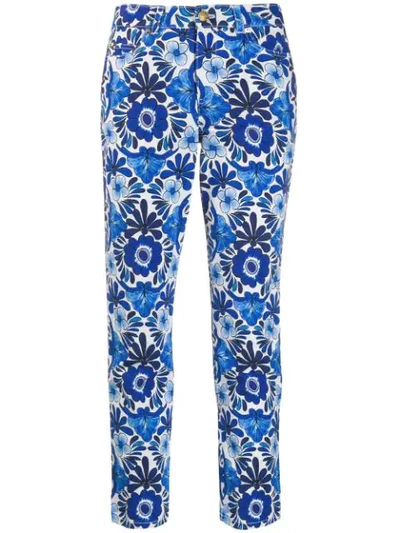 Escada Floral Print Cropped Jeans In Blue