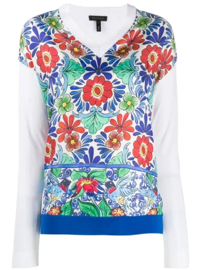 Escada Ceramic-print Silk-front Sweater In P967 White/blue