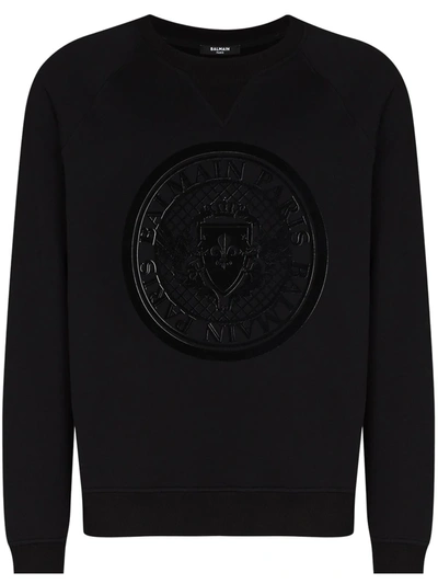 Balmain Flocked Coin Cotton Jersey Sweatshirt In Black